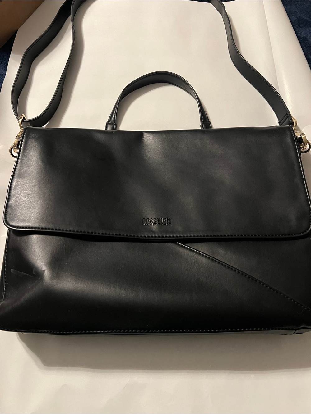 Kenneth Cole Reaction Black Leather Laptop Satchel with Shoulder Strap